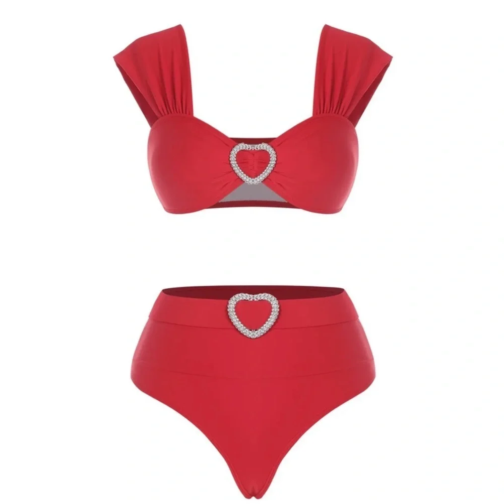 Rhinestone Heart ✦ Red Silver Bikini Set ✦ Sweetheart Neck Belted High-Cut L NWT